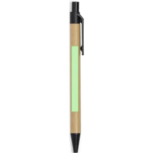 A black and natural kraft pen with a green accent strip and a clip, featuring a branding logo.