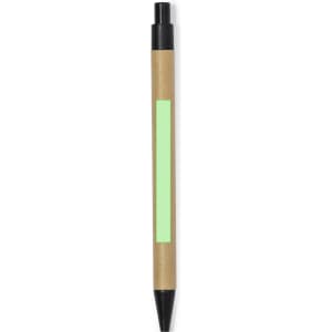A pen with a brown cardboard body and black accents, featuring a green label on the side.