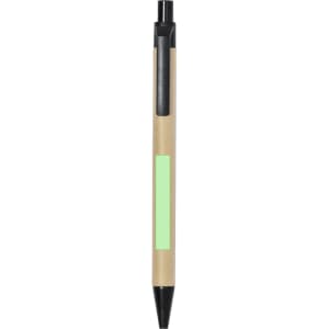 A pen with a natural kraft body and black accents, featuring a green highlight area, with a logo on the side.