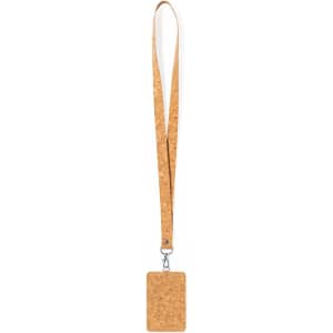 A cork lanyard featuring a flat rectangular badge holder, designed for events and exhibitions.