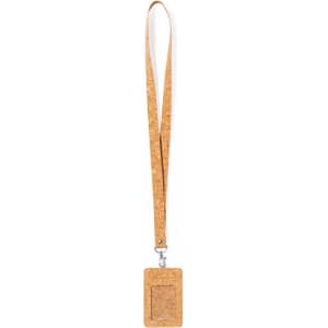 A cork lanyard with a detachable ID badge holder, featuring a natural brown colour and a metallic clip.