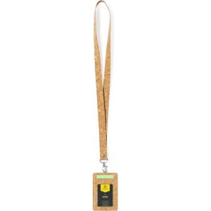 A cork lanyard with a card holder, featuring a simple and natural design, suitable for ID badges.