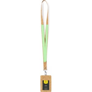 A lanyard featuring a cork material with bright green accents and a holder for an ID badge.