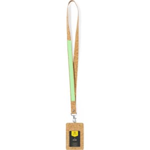 A lanyard featuring a cork design with a bright green strip and a slot for an ID badge.