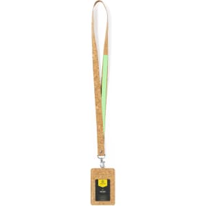 A lanyard made of cork with a green accent, featuring a clear badge holder and a metal clip.