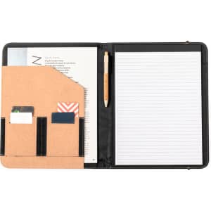A black folder with a cork pocket, holding cards, a pencil, and lined paper inside. It features a logo.