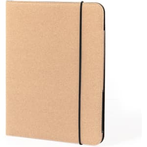 A tan compendium with a black elastic band and a smooth finish, designed for office and business use.