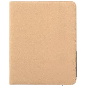 A tan folder with a textured surface, featuring a logo, designed for office and business use.