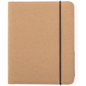 A tan folder with a textured finish and a black elastic band closure. It features a logo on the front.