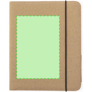 A brown compendium with a soft cover, featuring a blank section and an elastic closure, includes a logo.