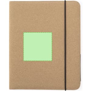 A tan folder with a green square and an elastic closure, featuring a logo on the front.