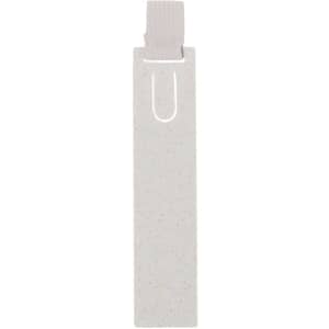 A grey ruler bookmark with a loop attachment at the top. It has a simple, sleek design and appears made of textured material.