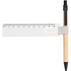 A clear ruler bookmark with metric measurements, paired with a black and natural wood pen, featuring a holder.