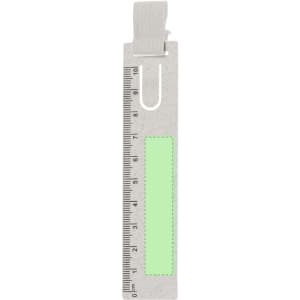 A green ruler bookmark with a grey finish and a loop for easy attachment. Features measurement markings on one side.