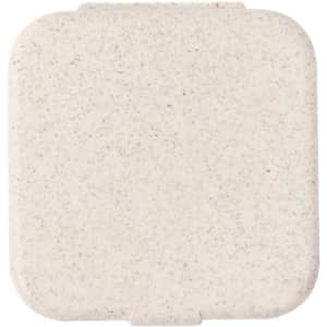 A square clips holder in a light beige colour with a textured surface. It features a logo on the front.