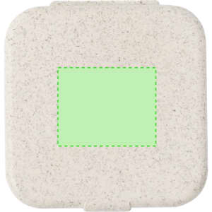 A square clip holder in a speckled light colour with a blank green panel. Features a logo on the surface.