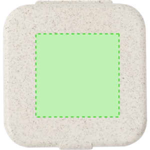 A square, eco-friendly clip holder in a speckled white finish with a green square section and a logo.