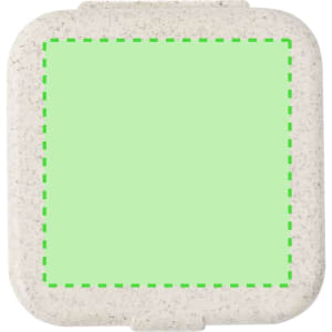 A square clip holder in light green with a speckled white exterior, featuring a branding logo.