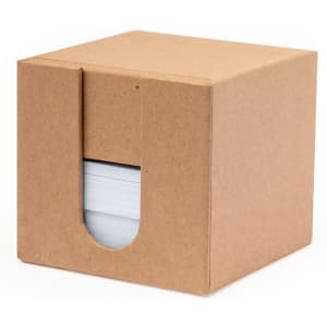 A cardboard box with an open front, containing notepad sheets inside. The box has a simple, brown design.
