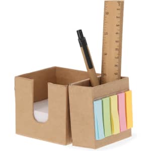 A cardboard notepad and pencil holder with compartments, featuring a ruler, pen, and colourful sticky notes.