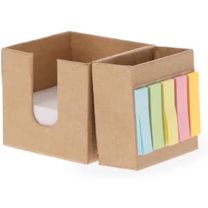 A kraft paper notepad holder with colourful sticky notes in soft pastel shades, designed for office use.