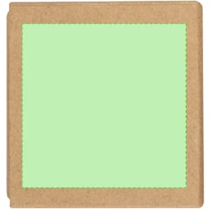 A green notepad with a kraft coloured cover, featuring decorative stitching along the edges.