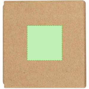 A notepad pencil holder in natural brown with a square green section on the front, featuring a logo.