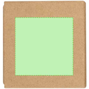 A notepad pencil holder featuring a natural brown cover with a light green notepad section. Includes a logo.