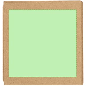 A green notepad with a brown kraft card cover, featuring a simple stitched border. It has a logo on the front.