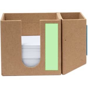 A brown cardboard notepad and pencil holder with a green section, designed for organising stationery.