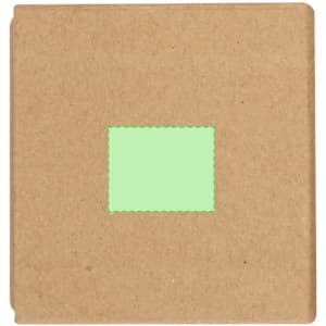 A brown notepad pencil holder with a green square inset, featuring a simple design and a branding logo.