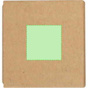 A notepad pencil holder in brown with a green square section, featuring a logo on the front.