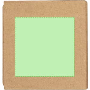 A notepad holder in a natural brown finish with a light green accent on the front. Features branding.