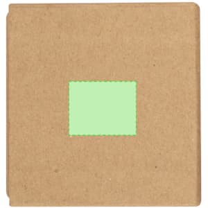 A notepad pencil holder in a natural brown colour with a green square design on the front. Features a branded logo.