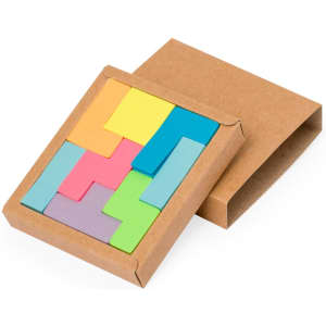 A notepad set with colourful sticky notes in various shapes, packaged in a brown cardboard cover.