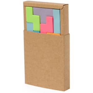 A notepad in a cardboard holder featuring colourful sticky notes in various shapes and pastel colours.