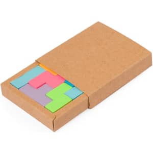 A notepad set in pastel colours, featuring various shapes, housed in a brown cardboard box with a logo.