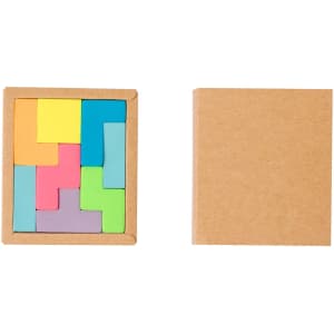 A notepad with a cardboard cover, featuring colourful sticky notes in geometric shapes, including orange, pink, green, blue, and purple.