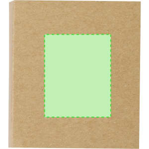 A notepad with a brown kraft cover and a green highlighted area, featuring a logo on the front.