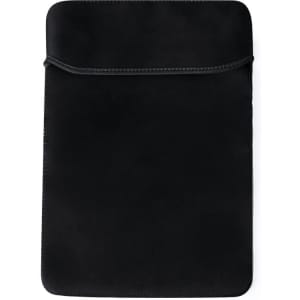 A sleek black laptop pouch featuring a smooth surface and an integrated closure. It has a subtle branding logo.
