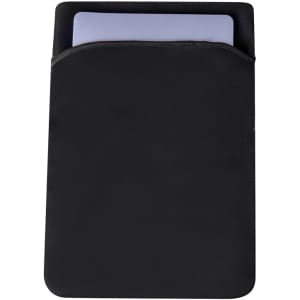 A black laptop pouch with a light purple laptop partially visible inside. The pouch features a logo on its surface.