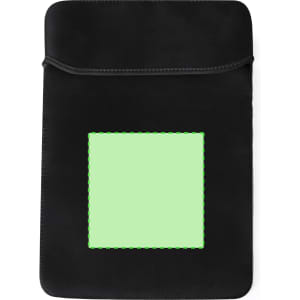 A black laptop pouch featuring a stitched green square and a logo. Suitable for protecting laptops and tablets.