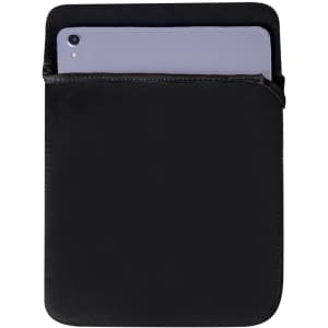 A black tablet pouch with a tablet partially inserted, featuring a sleek, minimalistic design and a branding logo.