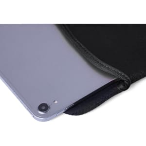 A black tablet pouch partially open, revealing a sleek tablet inside. The pouch has a textured surface and branding.
