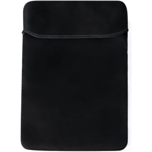 A black tablet pouch with a smooth finish and a top closure. Features a minimalist design and includes a logo.