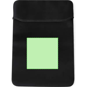 A black tablet pouch featuring a green accent and a logo. Suitable for protecting tablets.