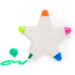A star-shaped highlighter set in white with orange, pink, green, and blue ends, featuring a green ink line.