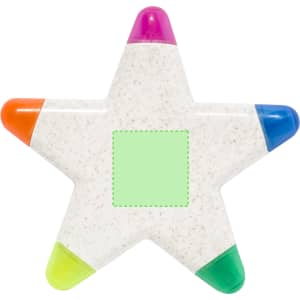 A star-shaped highlighter set with orange, purple, blue, and green tips, featuring a blank green section in the centre.