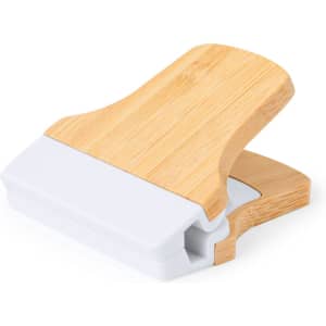 A bamboo-handled clip in white and natural wood, designed for office use. It features a logo on the side.