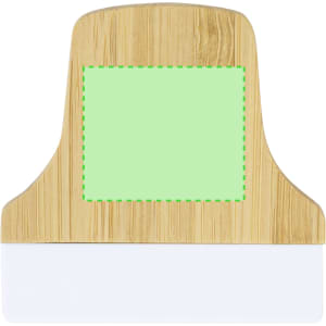 A bamboo clip with a white base and a blank green area for customisation, featuring a logo.